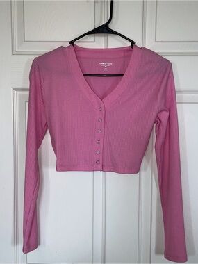 Year of Ours Rose Pink Ribbed Cropped Button-Up Top